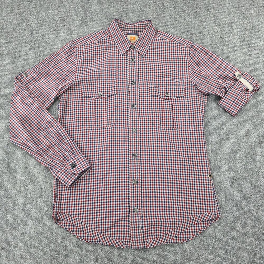 Hugo Boss Shirt Men Large Check Boss Orange Roll Tab Sleeve Casual Cotton Preppy